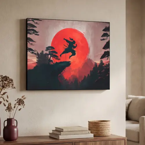 Zon - Krijger - Bomen - Bergen Textielframe - compleet frame klein -sfeer3