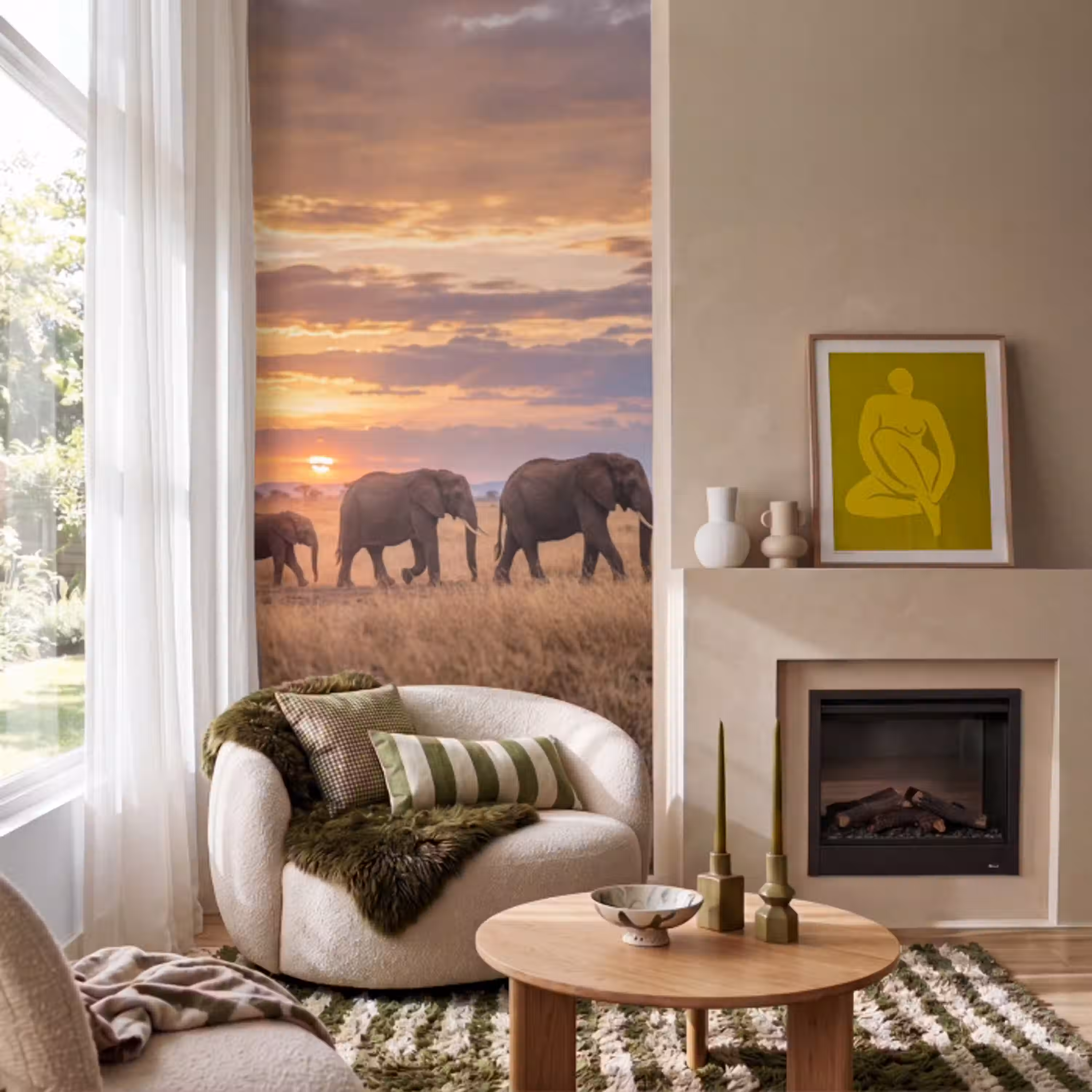 Olifanten - Savanne - Zonsondergang - Afrika - Warm Behang Vlies klein -sfeer2