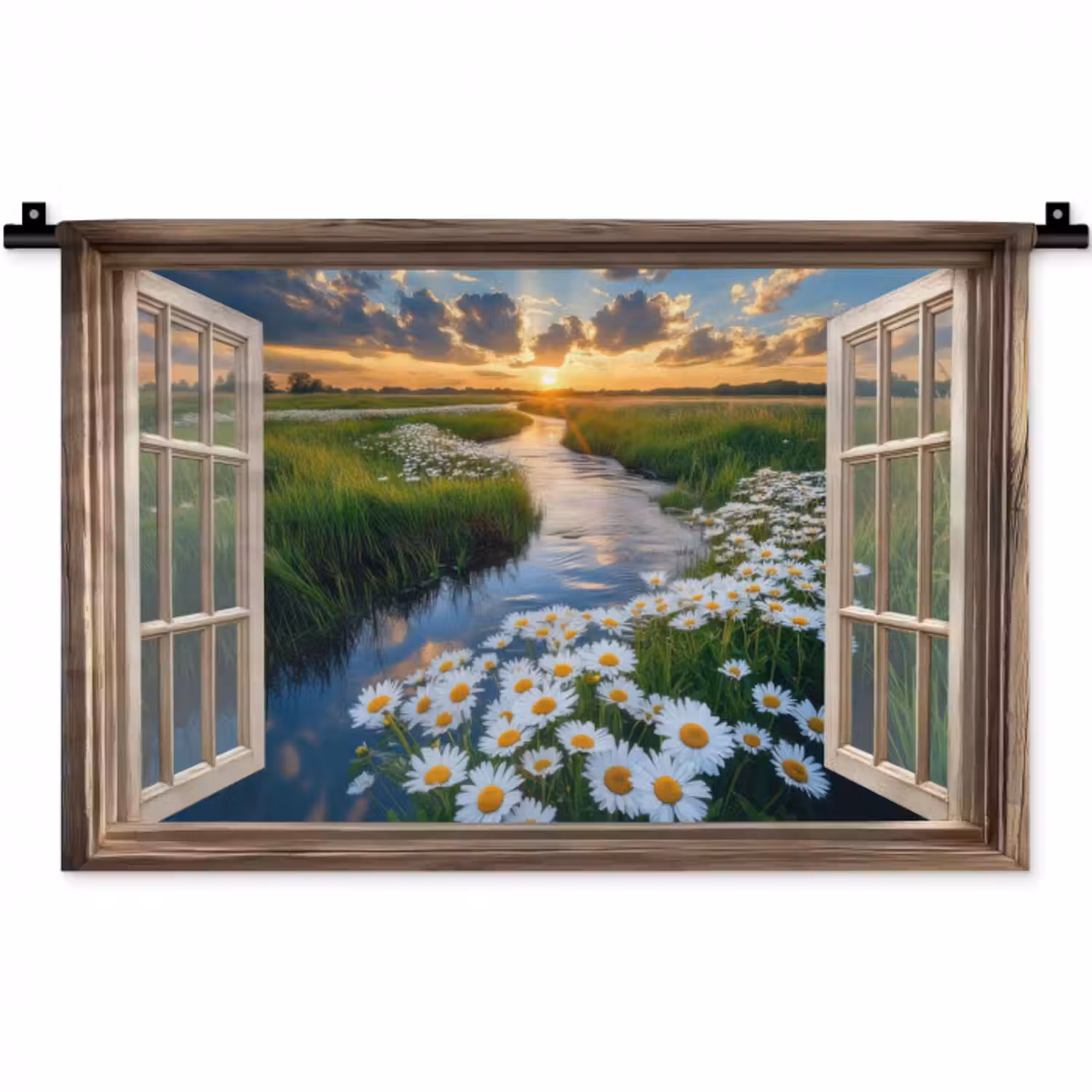 Wandteppich - Aussicht - Landschaft - Fenster - Wasser - Sonnenuntergang