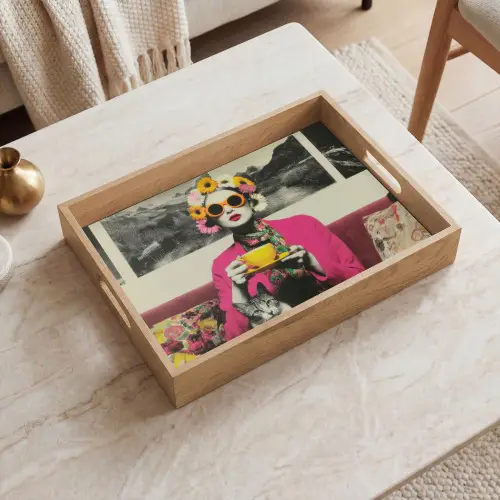 Vrouw - Kat - Bloemen - Kopje - Retro Dienblad Rechthoek middel -sfeer1