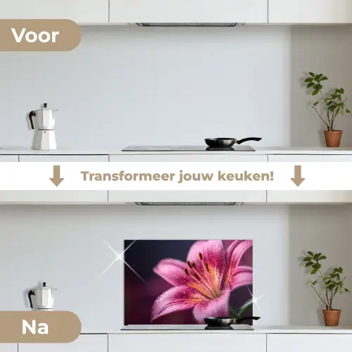 Roze - lelie - Dauwdruppels keuken achterwand spatscherm klein -voor_na_NL