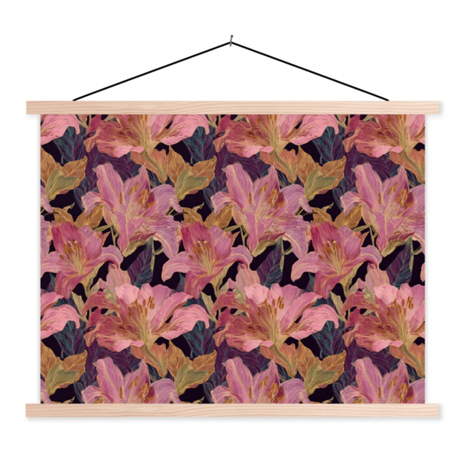 Lelies - Patroon - Roze - Goud textielposter latten blank klein 122 -3d