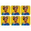 Frida Kahlo - Vrouw - Geel - Blauw - Bloemen onderzetter kurk middel -3d