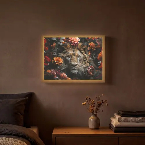 Leeuw - Dier - Natuur - Bloemen - Botanisch Light Box met batterij (Wandlamp) middel -sfeer4