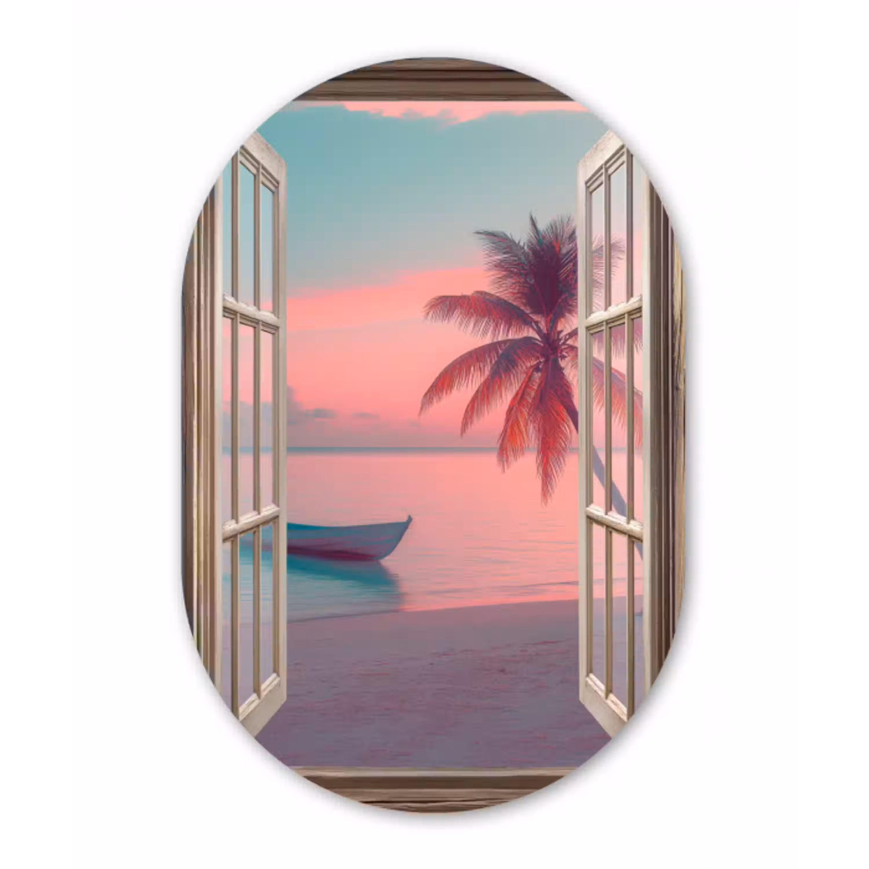 Doorkijk - Strand - Palmboom - Tropisch Wandcirkel Ovaal Aluminium middel -3d