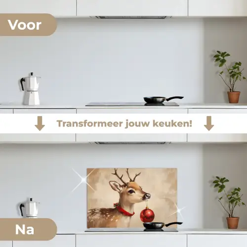 Kerst - Hert - Gewei - Kerstbal - Rendier keuken achterwand spatscherm klein -voor_na_NL
