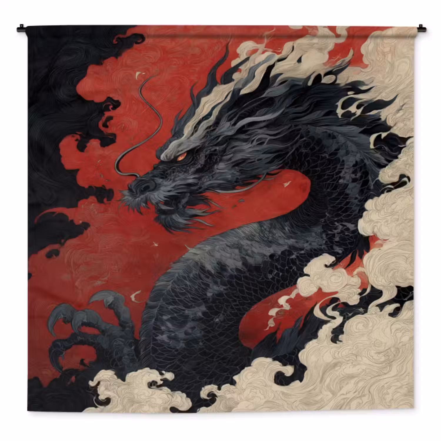 Wandkleed - Zwarte draak - Rookwolken - Rood