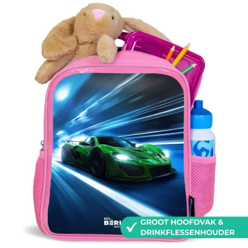 Groene supercar flitst door neonlicht Kinderrugzak - Roze middel -inhoud_NL