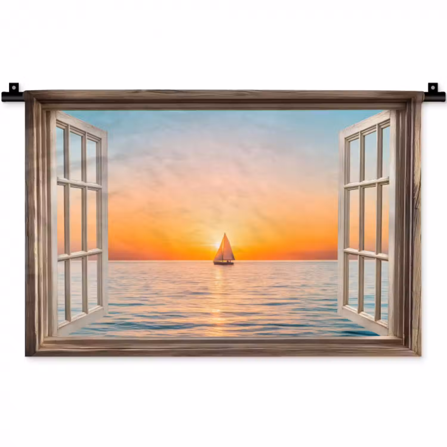 Wandteppich - Transparenter Blick - Meer - Boot - Sonnenuntergang