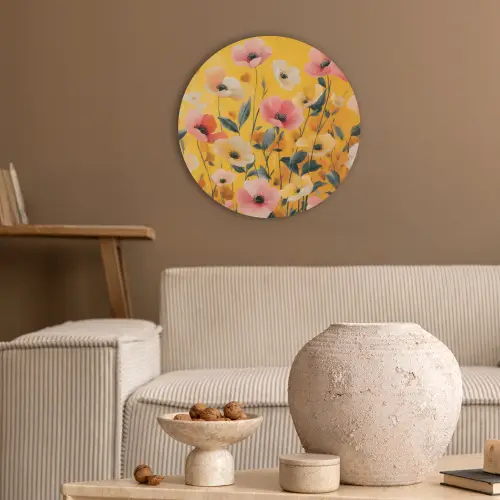 Bloemen - Veld - Geel Akoestische PET Vilt - Rond klein -sfeer1
