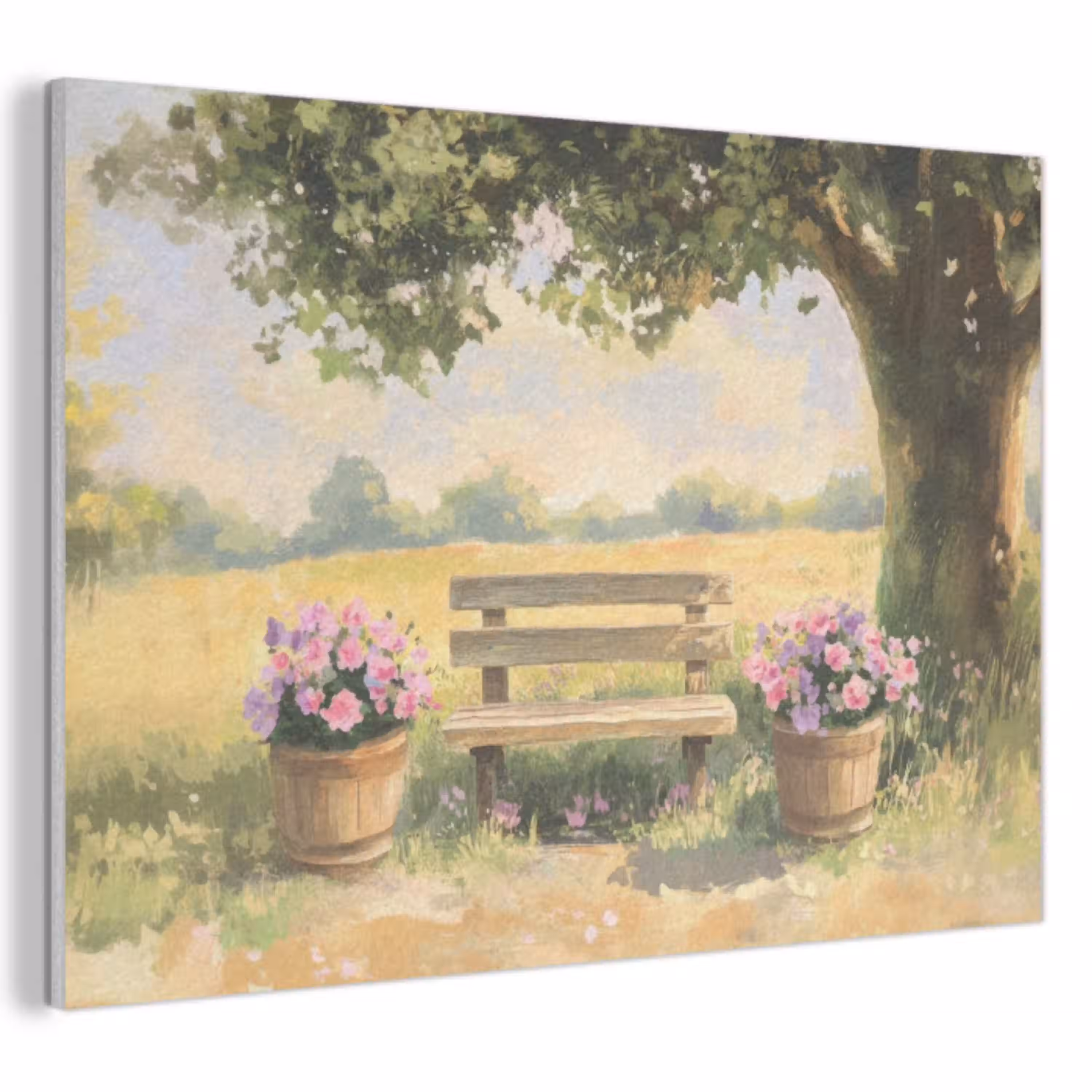 Houten bankje - Bloempotten - Landschap PET vilt klein -3d
