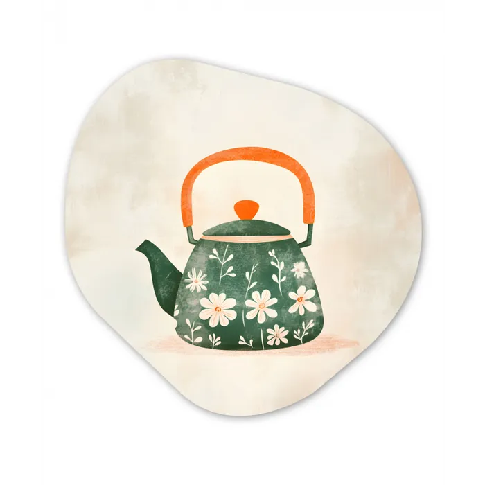 Theepot - Groen - Bloemen - Oranje Wandcirkel Organisch Plexiglas middel -3d