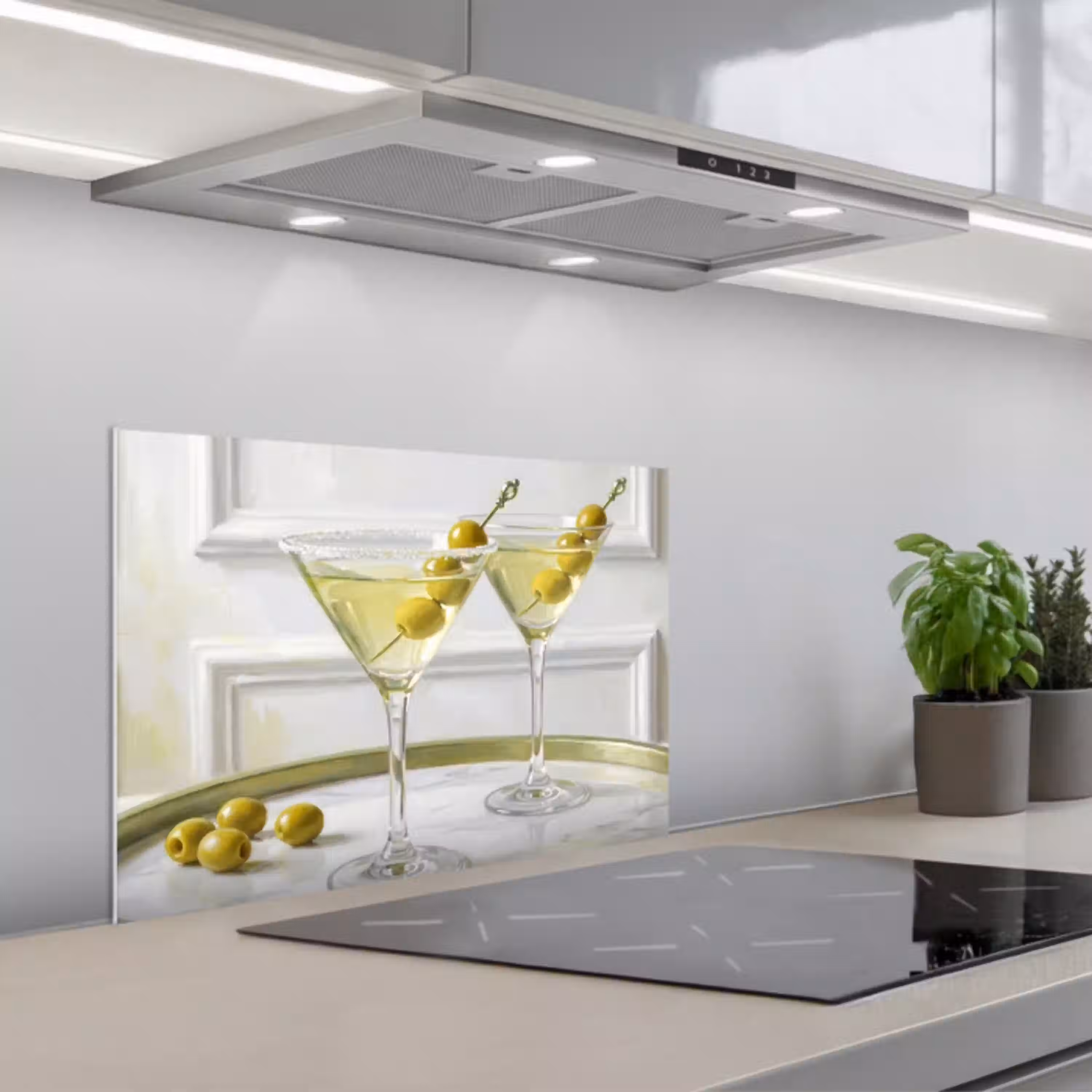 Drank - Martini - Olijven - Modern - Wit keuken achterwand spatscherm klein -3d_schuin