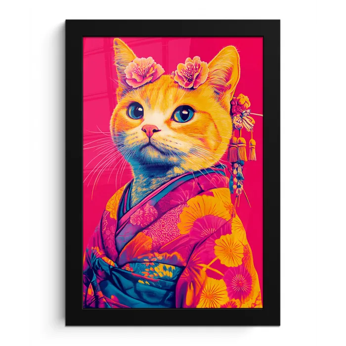 Kat - Kimono - Bloemen - Roze fotolijst zwart zonder passe partout klein -3d