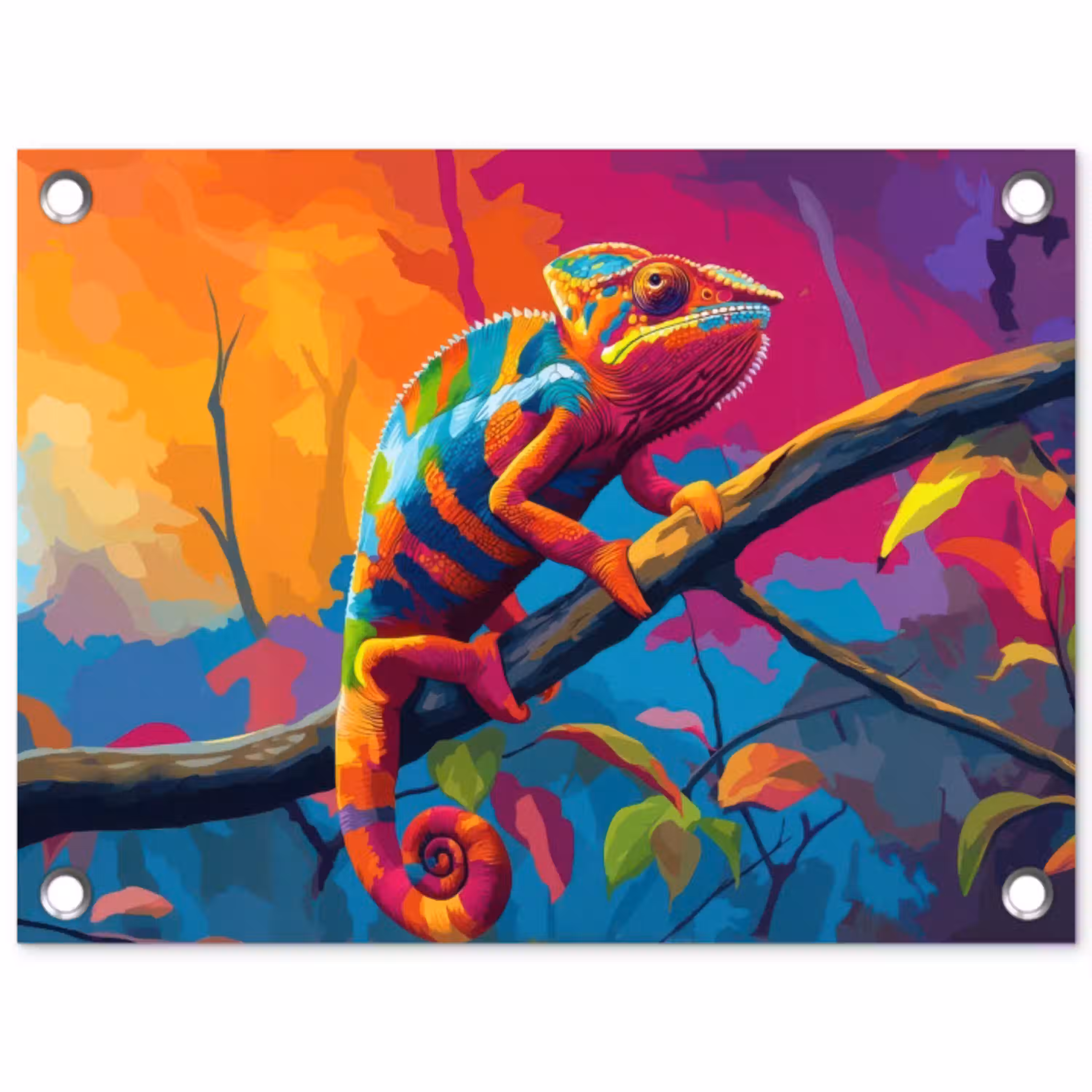 Kameleon - Tak - Gestreept - Bladeren tuinposter los doek klein -3d