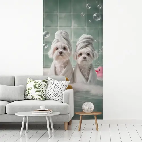 Hondjes - Badkuip - Badeendjes - Handdoeken fotobehang vinyl groot -woonkamer