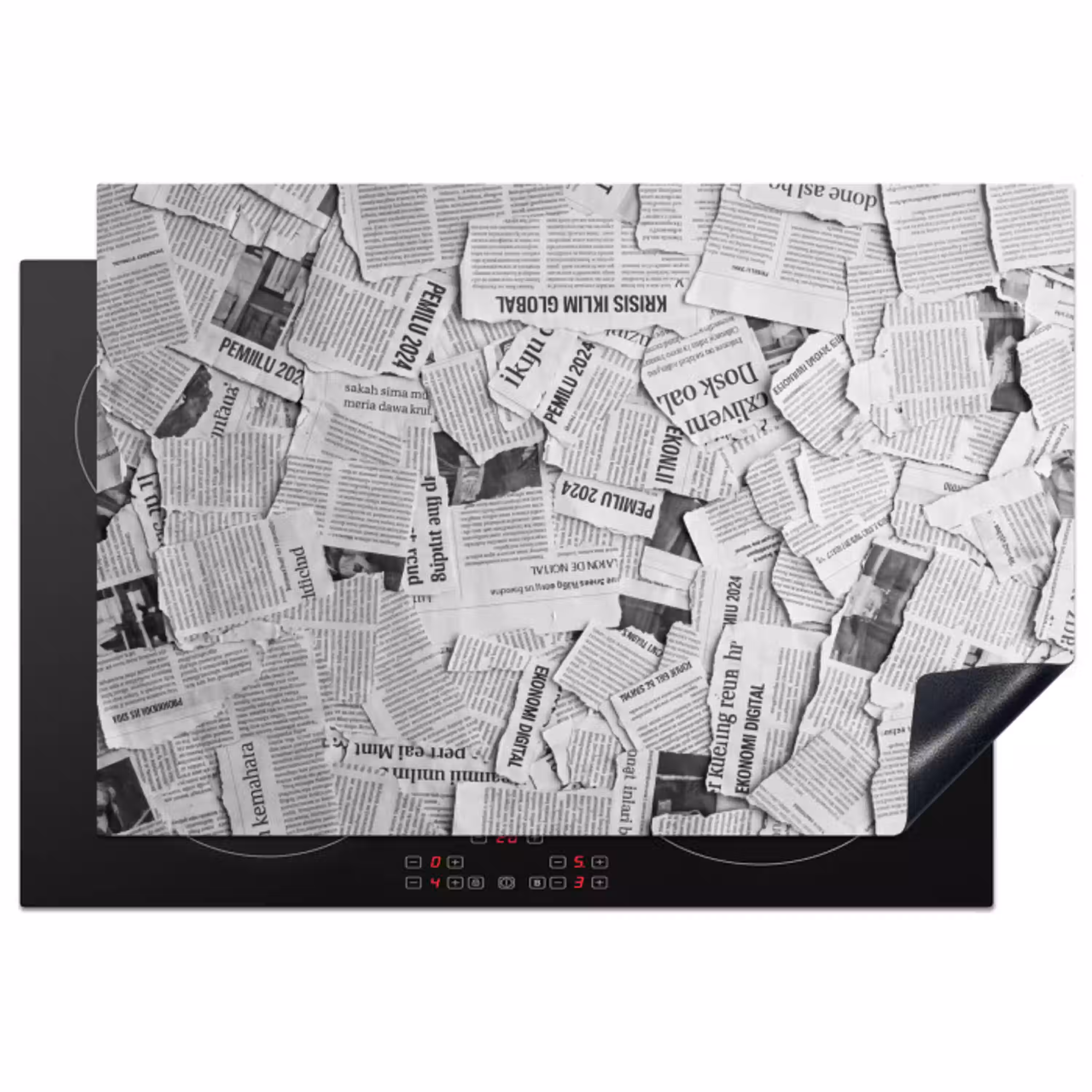 Krant - Versnipperd - Textuur - Zwart-wit - Abstract Inductie beschermer vinyl 3mm klein -3d
