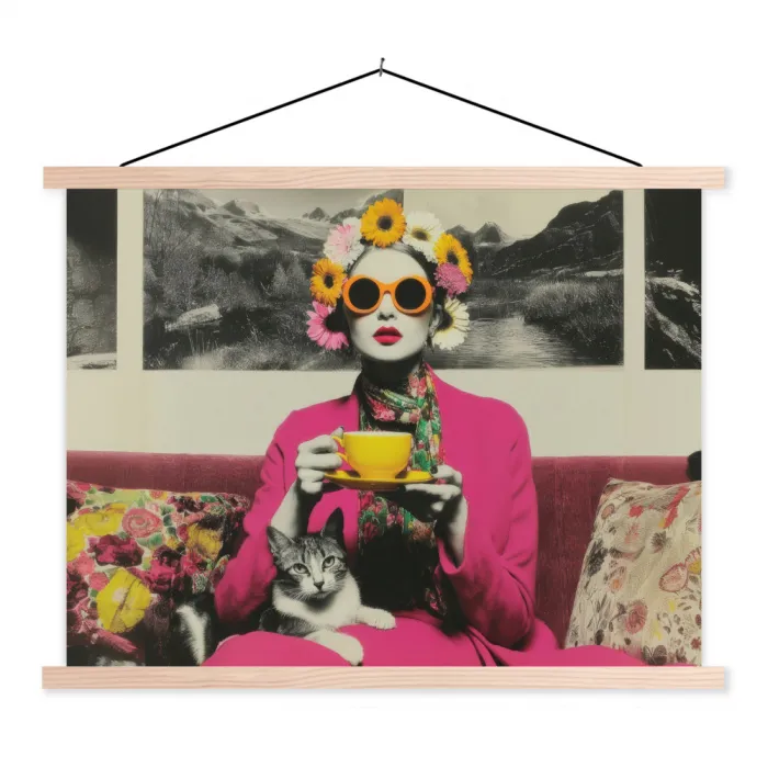 Vrouw - Kat - Bloemen - Kopje - Retro textielposter latten blank klein -3d