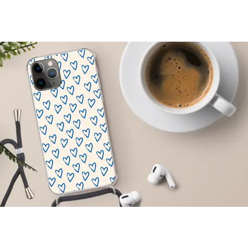 Hartjes patroon - Blauw - Beige - Liefde Hoesje iPhone 12 Pro met koord klein -oordop
