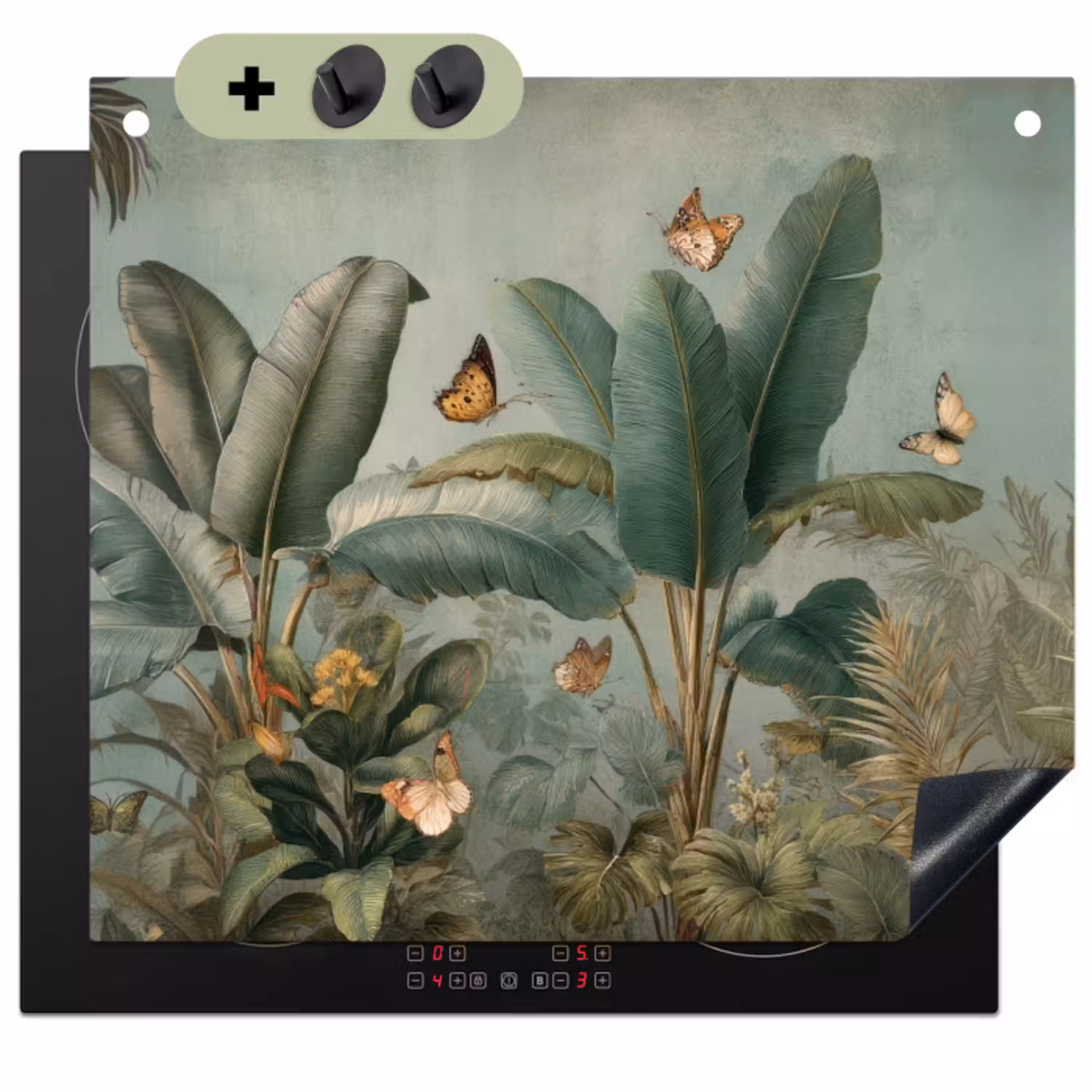 Tropisch bladerdek - Vlinders - groen - Bruin Inductie beschemer met haakjes klein -3d
