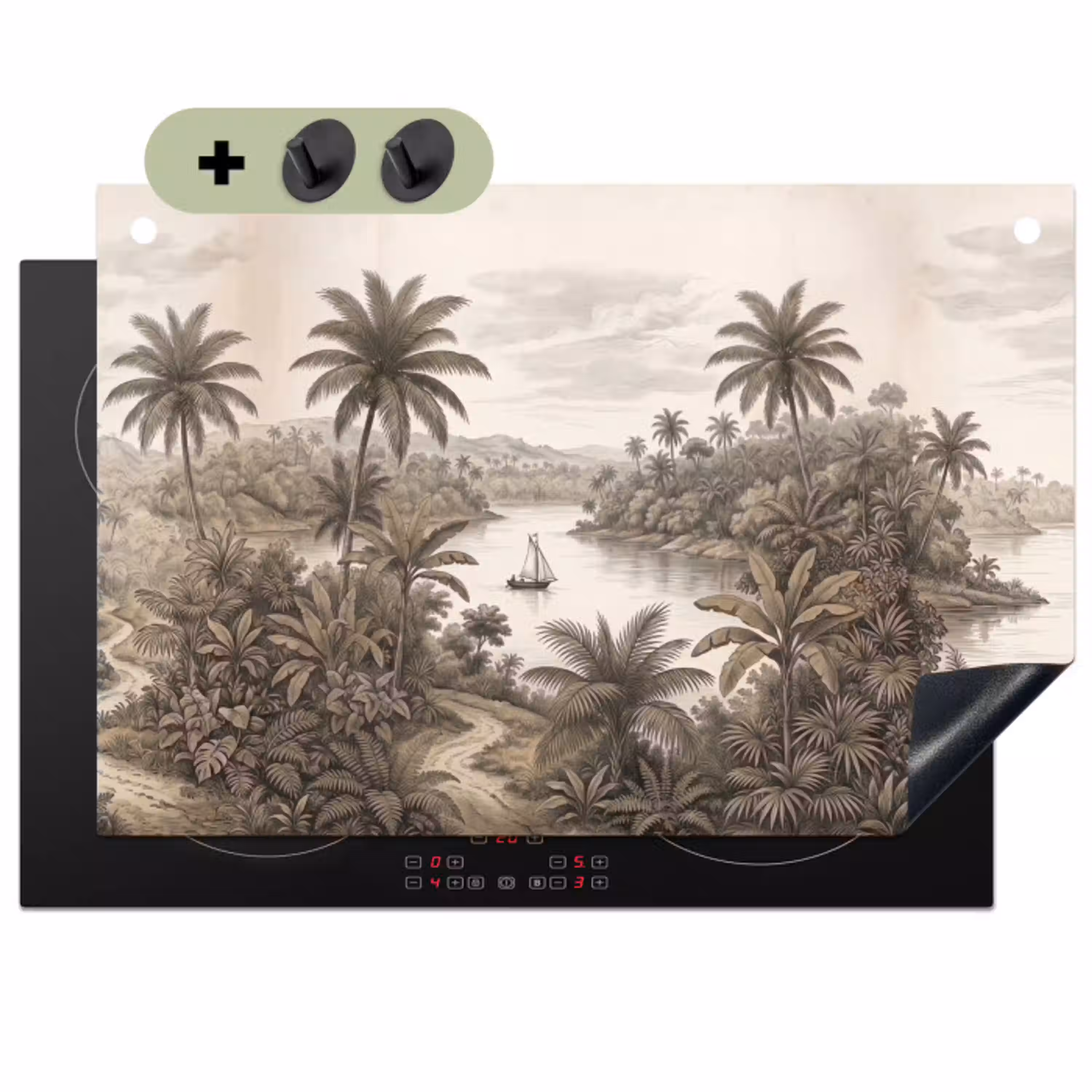 Landschap - Rivier - Boot - Tropisch - Vintage Inductie beschemer met haakjes klein -3d