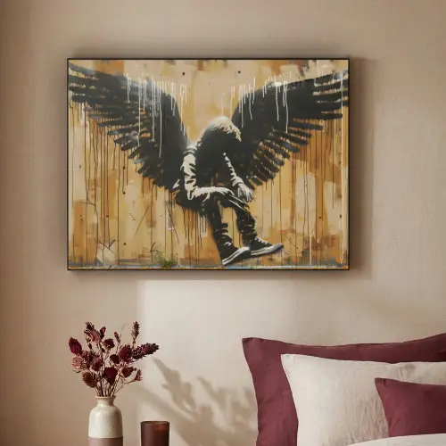 Graffiti - Kunst - Vleugels - Street art - Banksy Style Textielframe zwart klein -sfeer1