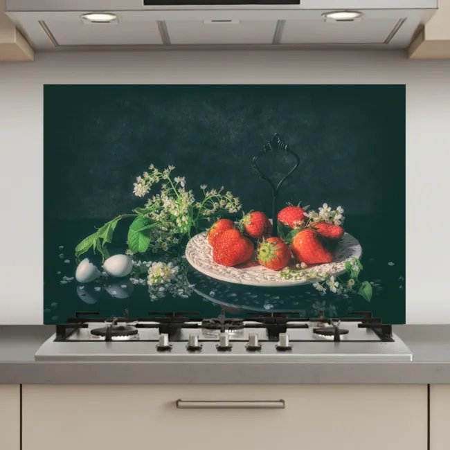 Aardbeien - Schilderij - Stilleven - Bloemen - Ei - Bord keuken achterwand spatscherm klein -3d_website