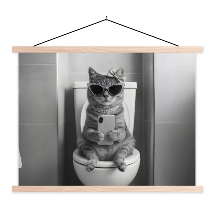 Kat - Telefoon - Toilet - Zwart - Wit textielposter latten blank klein -3d