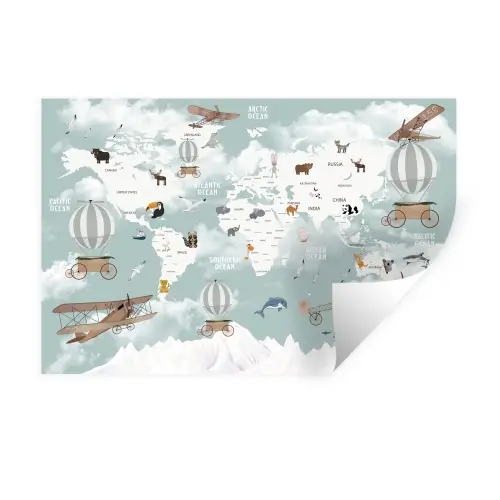 Wereldkaart - Kind - Vliegtuig Muursticker klein -3d