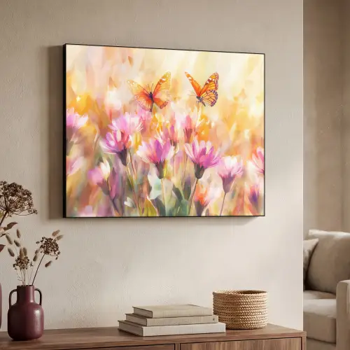 Vlinders - Oranje - Bloemen Textielframe zwart klein -sfeer3