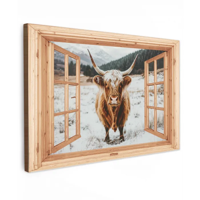 Schotse Hooglander - Landschap - Landelijk - Bergen - Winter - Doorkijk Tuinposter op houten frame 2 cm dik klein -3d