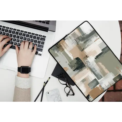 Penseelstreken - Abstract - Aardetinten laptophoes neopreen klein -bureau