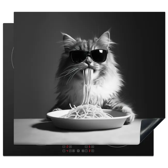 Inductiebeschermer - Langharige kat - Zonnebril - Spaghetti - Humor - Zwart - wit