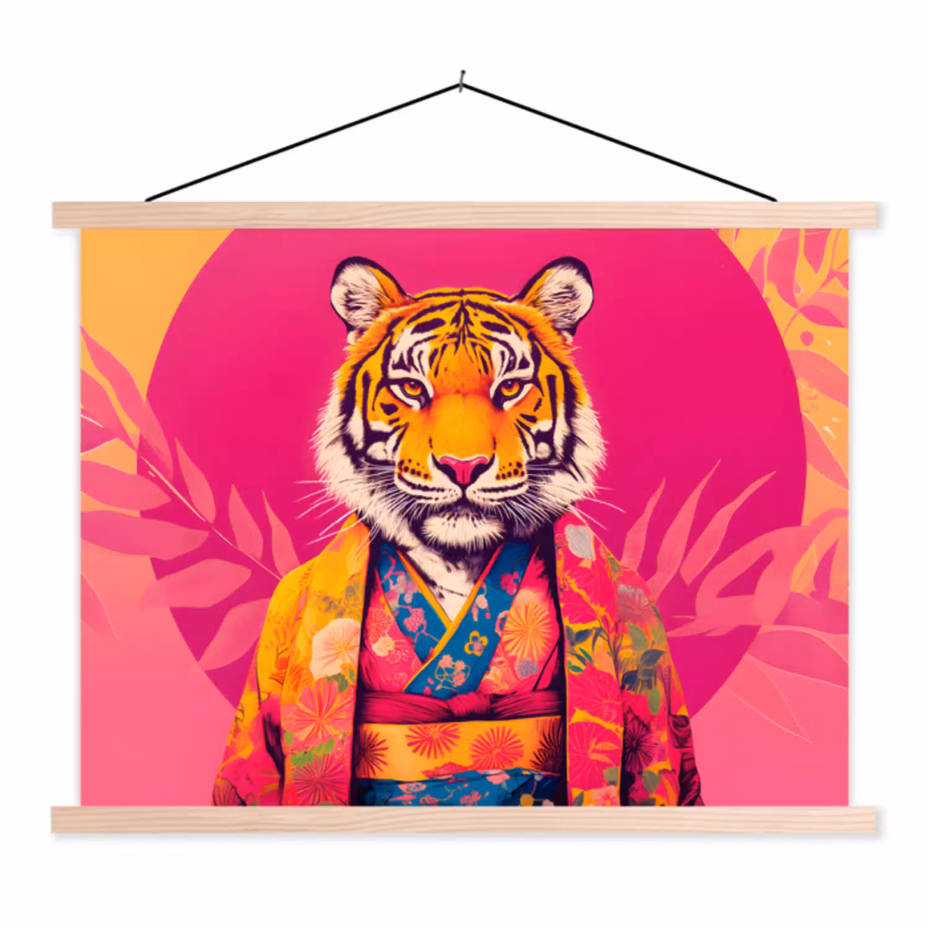 Tijger - Kimono - Planten - Roze textielposter latten blank klein -3d