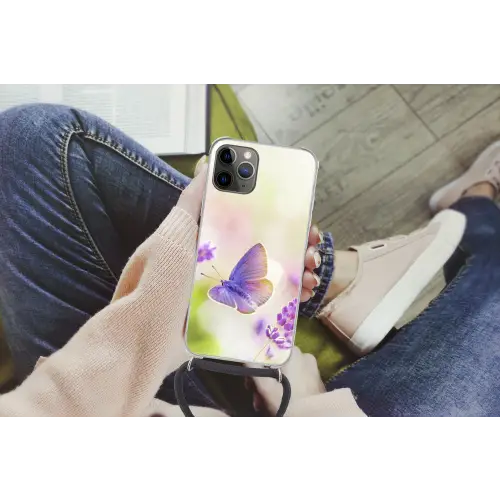 Lavendel - Vlinder - Bloemen Hoesje iPhone 12 Pro met koord klein -hand