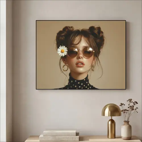 Vrouw - Beige - Bloem - Modern - Portret Textielframe zwart klein -sfeer2