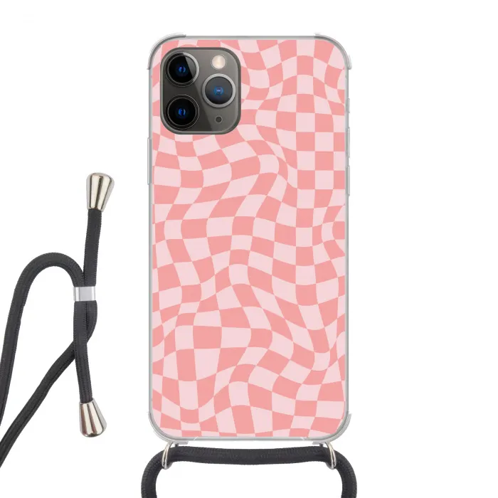 Hokjes patroon - Roze - Golvende lijnen Hoesje iPhone 12 Pro met koord klein -3d