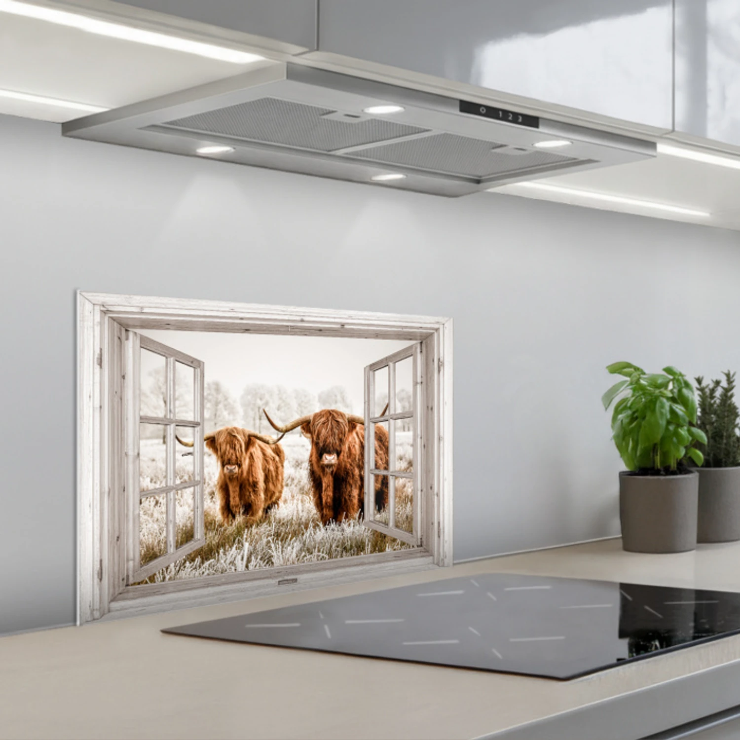 Doorkijk - Schotse hooglander - Dieren keuken achterwand spatscherm klein -3d_schuin