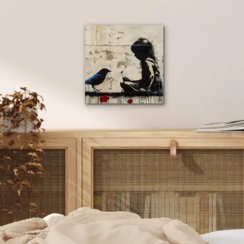 Street art - Meisje - Vogel - Graffiti - Banksy aluminium wit klein -sfeer3