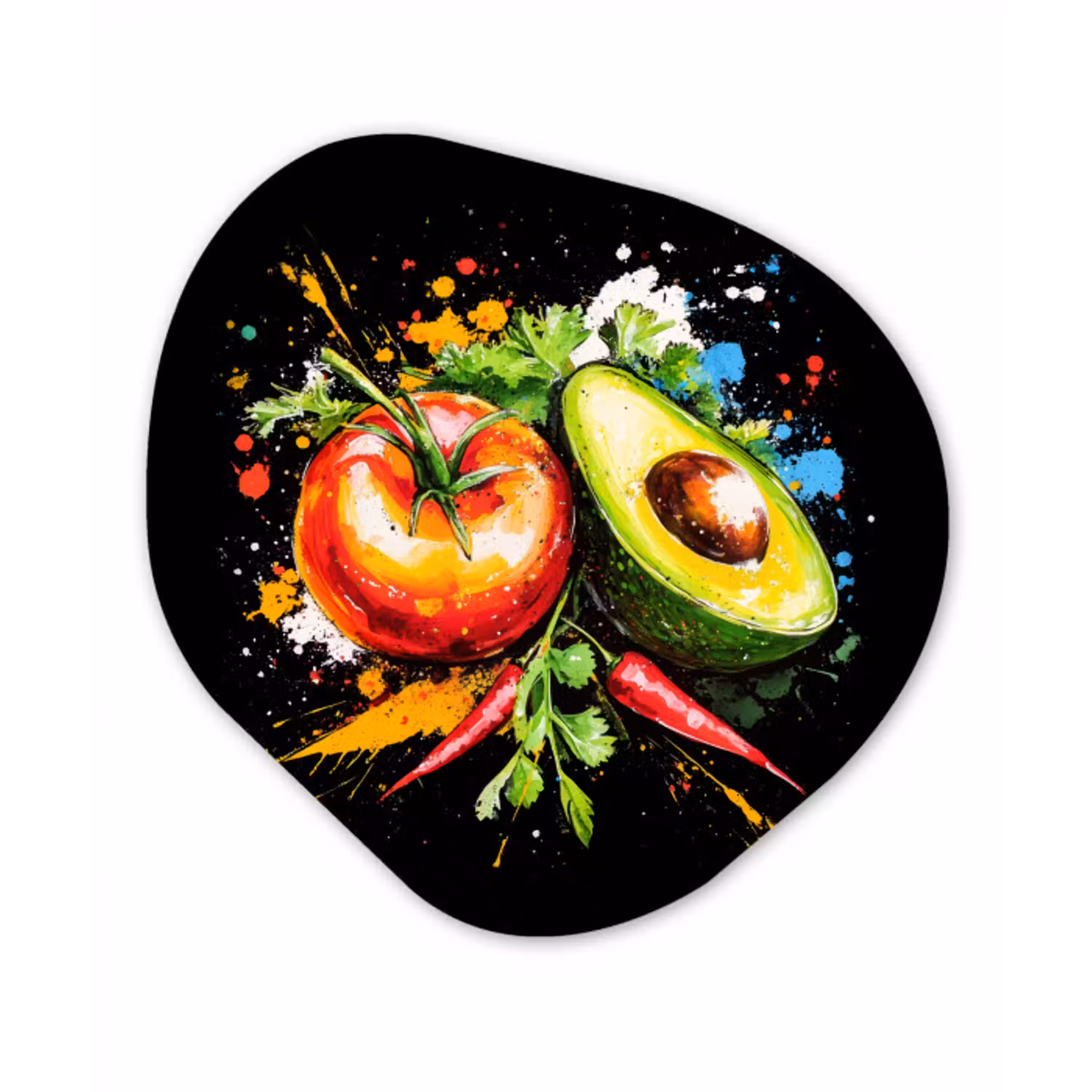 Tomaat - Avocado - Peper - Graffiti - Verf - Modern Wandcirkel Organisch Aluminium middel -3d