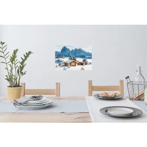 Winter - Huisje - Bergen - Uitzicht - Sneeuw Muursticker klein -eettafel
