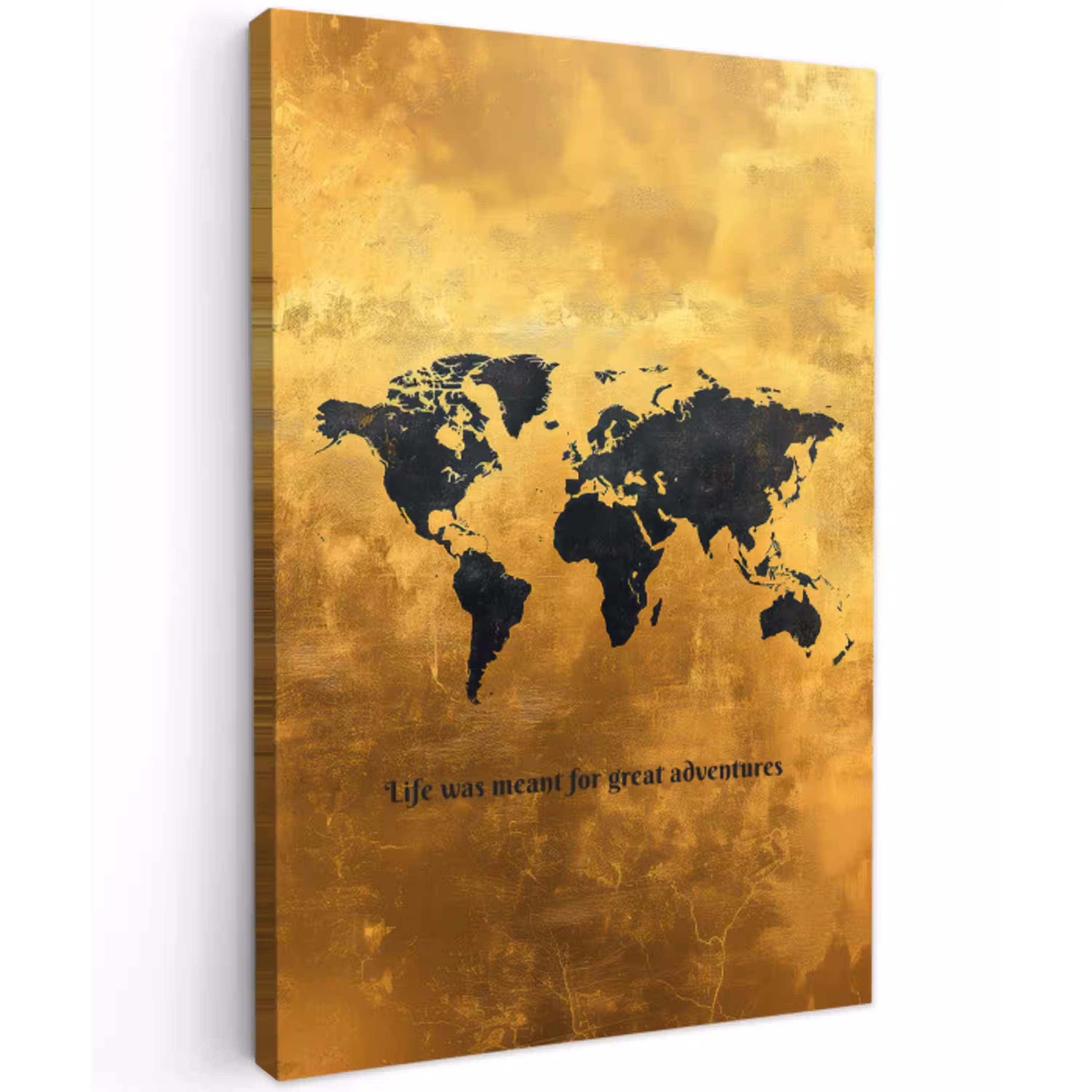 Quote - Goud - Wereldkaart - Zwart Tuinposter op houten frame 2 cm dik middel -3d