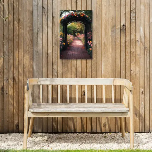Doorkijk - Bloemen - Pad - Natuur - Kleurrijk Tuinposter op houten frame 2 cm dik klein -sfeer4