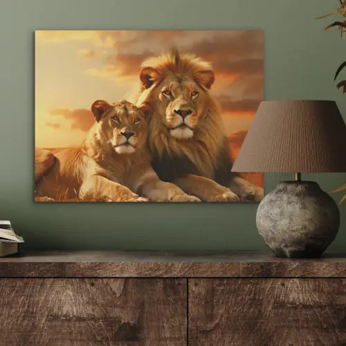 Leeuwen - Zonsondergang - Afrika - Savanne - Dieren PET vilt klein -sfeer2