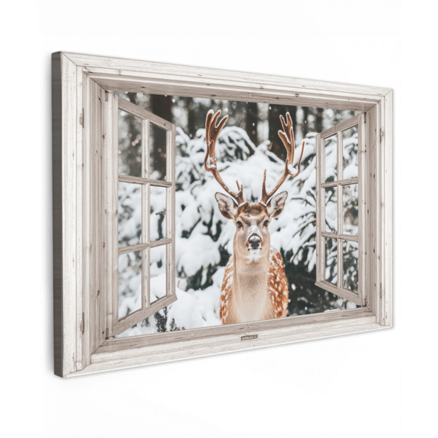 Doorkijk - Hert - Sneeuw - Winter - Bos - Dieren - Natuur Tuinposter op houten frame 2 cm dik klein -3d
