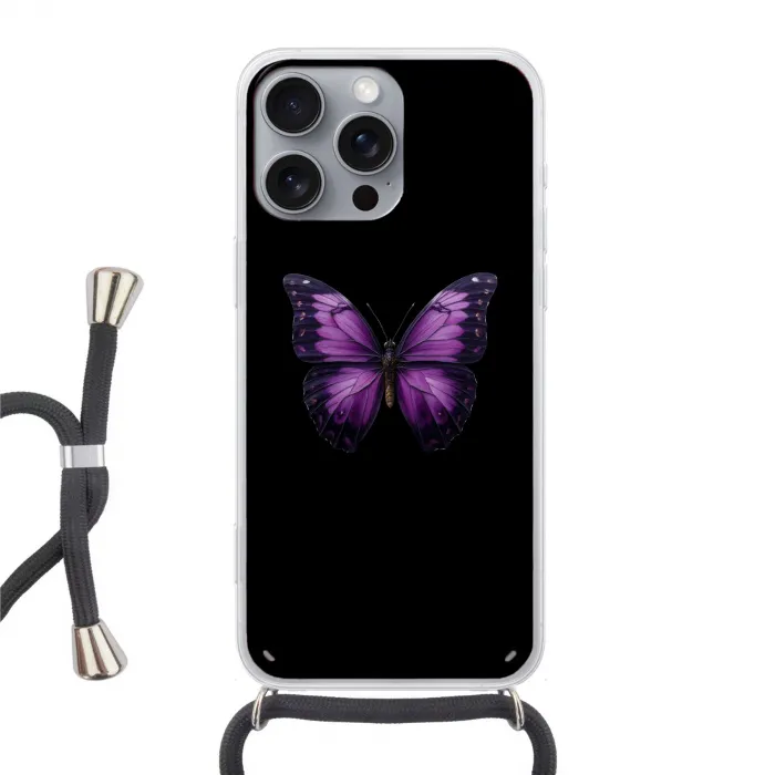 Vlinder - Paars - Levendig Hoesje iPhone 16 Pro Max met koord klein -3d