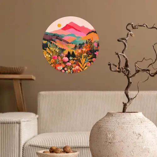 Zonsondergang - Bergvallei - Contrast Wandcirkel behangsticker klein -sfeer1