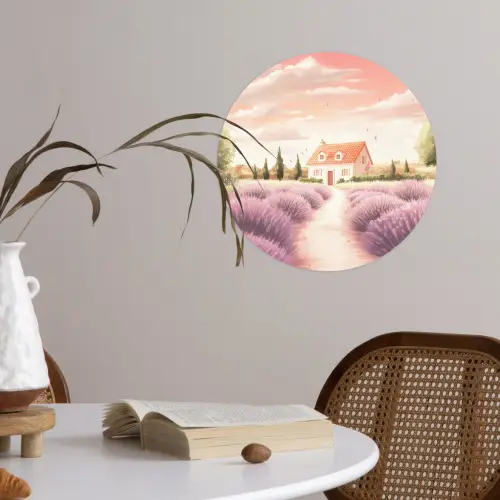 Lavendelveld - Huis - Paars Wandcirkel behangsticker klein -sfeer3