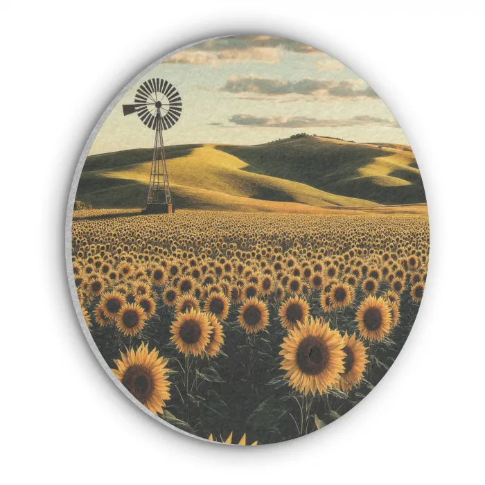 Zonnebloem - Veld - Windmolen Akoestische PET Vilt - Rond klein -3d