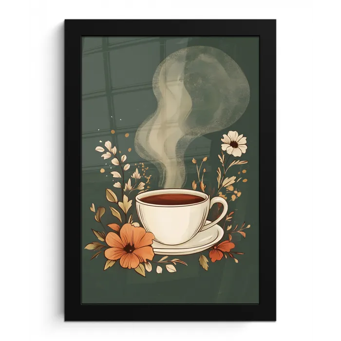 Kop - Bloemen - Groen - Koffie fotolijst zwart zonder passe partout klein -3d